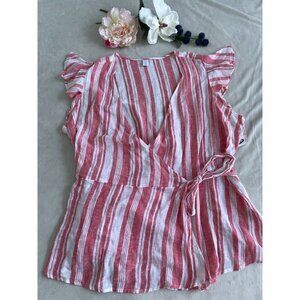 Old Navy Striped Red & White Wrap Top Flutter Sleeves 2X Plus Linen Blend